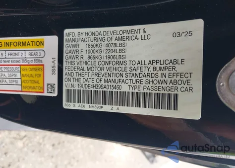 2025 Acura Integra A-Spec from USA, damaged, VIN 19UDE4H39SA015460